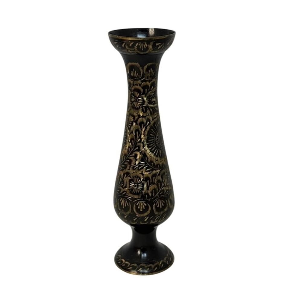 Vintage Black Gold Brass Etched Indian Vase Nakkashi 10"